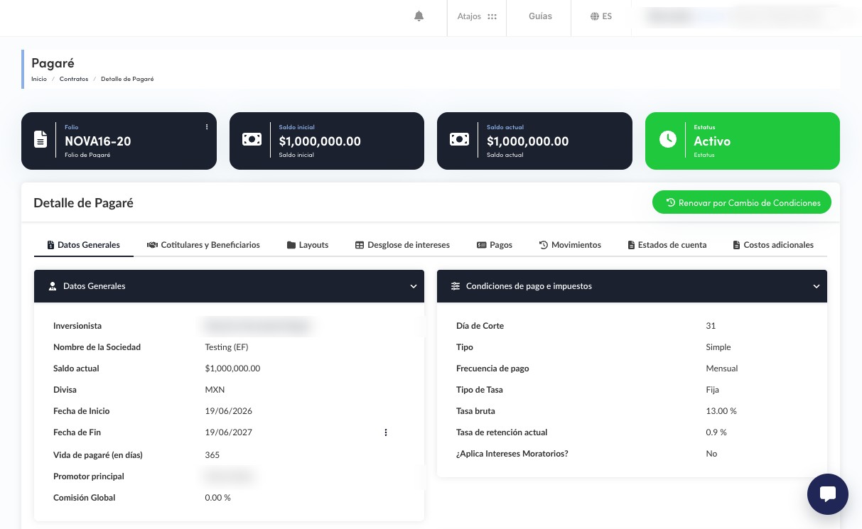 Detalle de un pagaré en Syscap con folio, saldos, condiciones de pago e impuestos