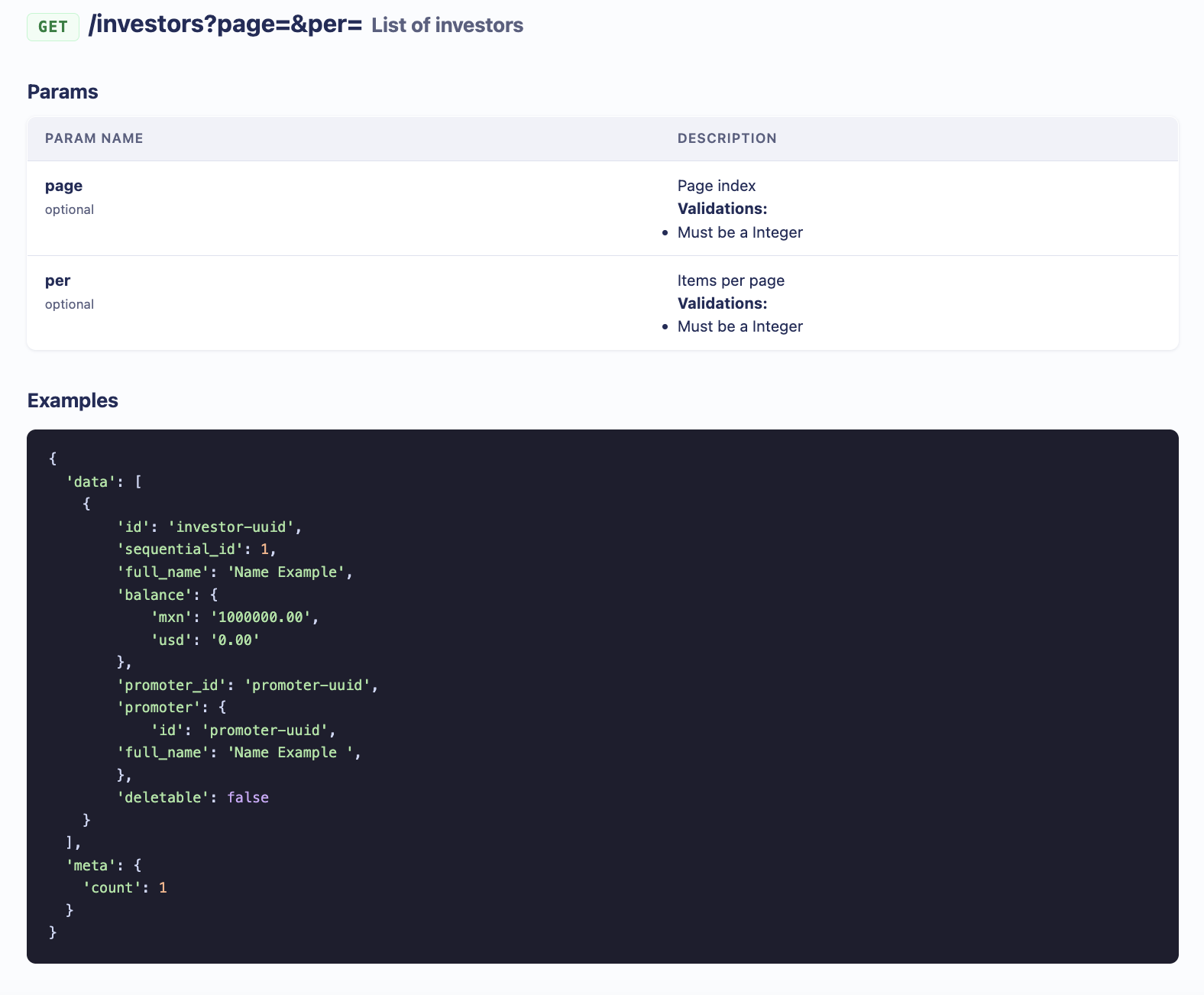 Documentación real de la API de Syscap: endpoint GET /investors con parámetros y ejemplos